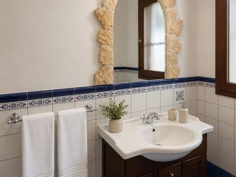 Bagno con specchio ad arco in pietra e piastrelle blu