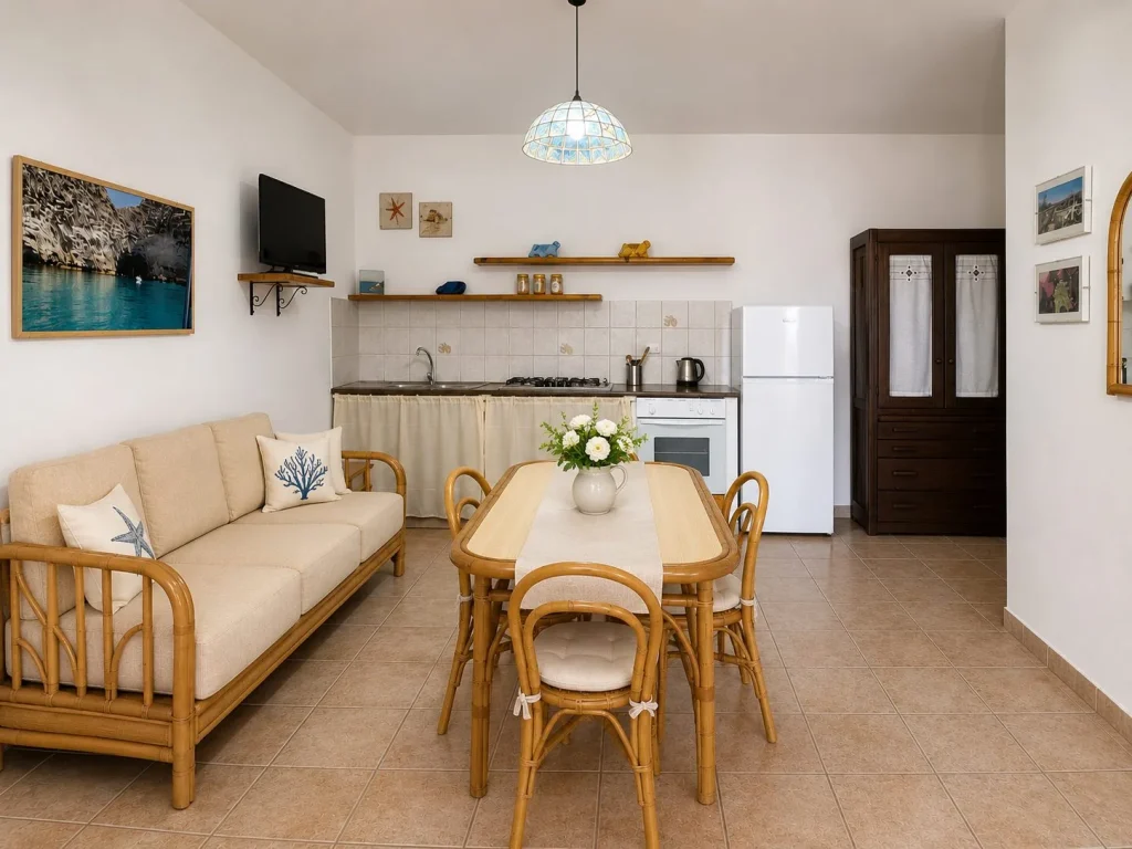 Soggiorno con divano, tavolo da pranzo e angolo cottura